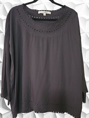 Studio M Black Eyelet Lace Blouse Top XL Long Sleeve Boho Flowy Scoop Neck